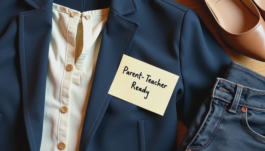 Navy blazer outfit flat lay for school meetings