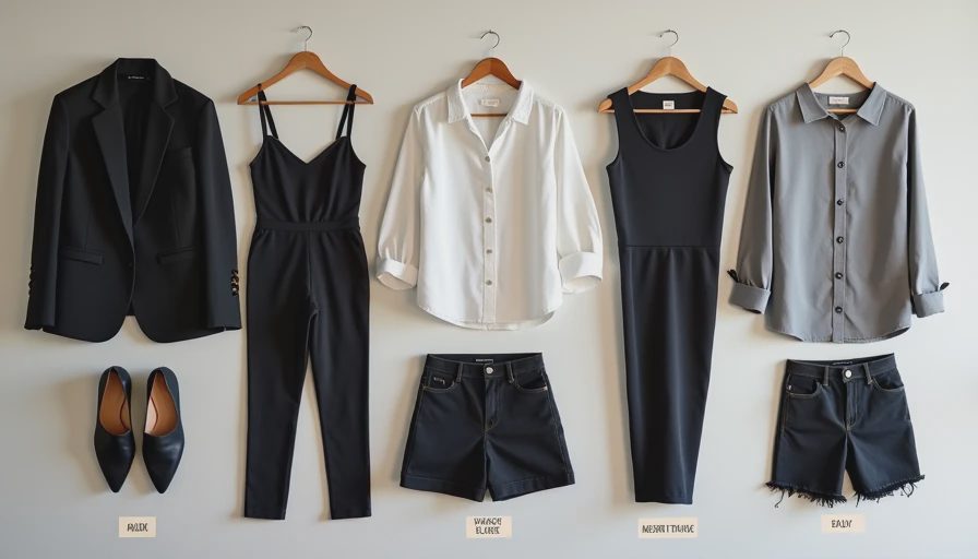 Versatile work trip capsule wardrobe flat lay