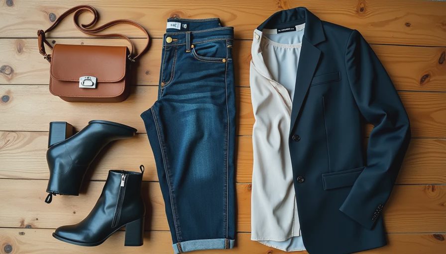 Brewery casual date night outfit flat lay with jeans and blazer